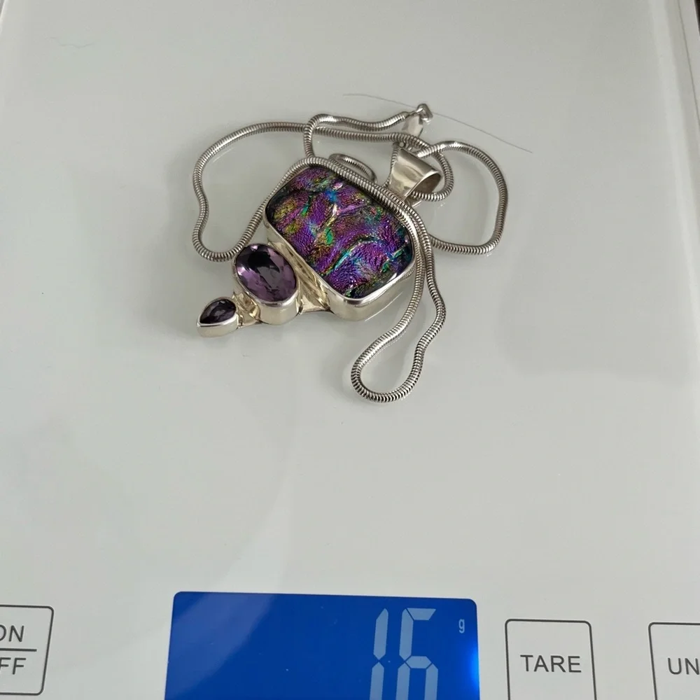 DICHROIC GLASS AMETHYST STERLING SILVER DESIGNER SIGNED PENDANT 16” SNAKE CHAIN - Picture 7 of 8